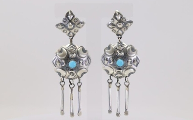 Native America Handmade Navajo Sterling Silver Turquoise Post Dangling Earring's By Tim Yazzie.