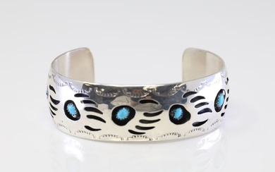 Native American Navajo Sterling Silver Bear Paw Turquoise Bracelet Cuff By Pearlene Spencer.