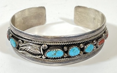 Native American Navajo Sterling Silver Turquoise & Coral Cuff Bracelet Ella Cowboy
