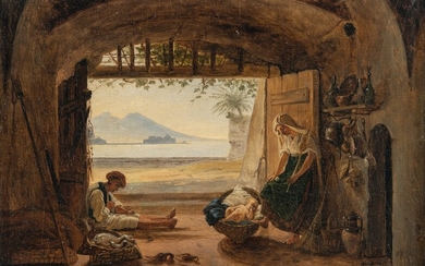 Neapolitan fisher family in their home near Mergellina on the Capo di Posilippo with a view of Castel dell’Ovo and Mount Vesuvius