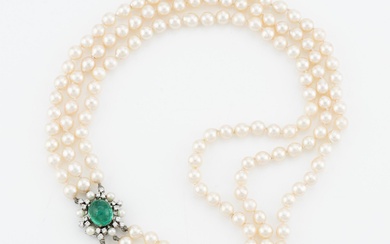 Necklace, three-strand, cultured pearls, clasp by Carlman 18K white gold with cabochon-cut emerald, pearls, and diamonds