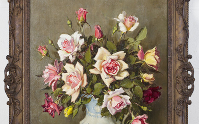 Nesta Warren - Still Life with a Jug of Pink Roses, 20th century oil on canvas, signed, 60cm x 49cm