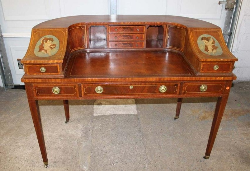 Nice Vintage burl mahogany Adam's style painted Carlton desk