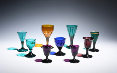 Nine coloured glass wine and dram glasses late 18th/early 19th century