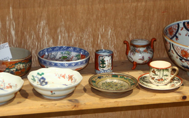 One shelf of Japanese ceramics, Kutani, Satsuma