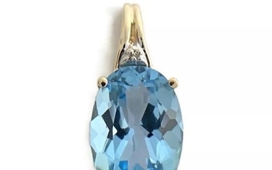 Oval Swiss Blue Topaz Diamond Gemstone Necklace Pendant 14K Yellow Gold, 2.90 Gr