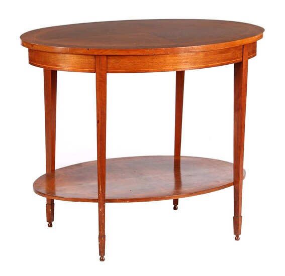 (-), Oval walnut table with bottom shelf and...