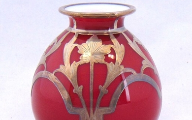 Ovoid cased red silver overlay vase