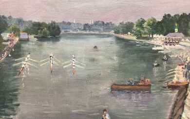 P. Johnson circa 1950, oil on board, A view of Henley Regatta, oil on board, signed, in wooden frame. 31 x 39cm