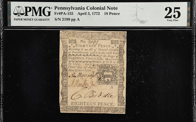 PA-155. Pennsylvania. April 3, 1772. 18 Pence. PMG Very Fine 25.