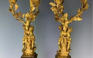 PAIR EMPIRE STYLE DORE AND PATINATED BRONZE CANDELABRA
