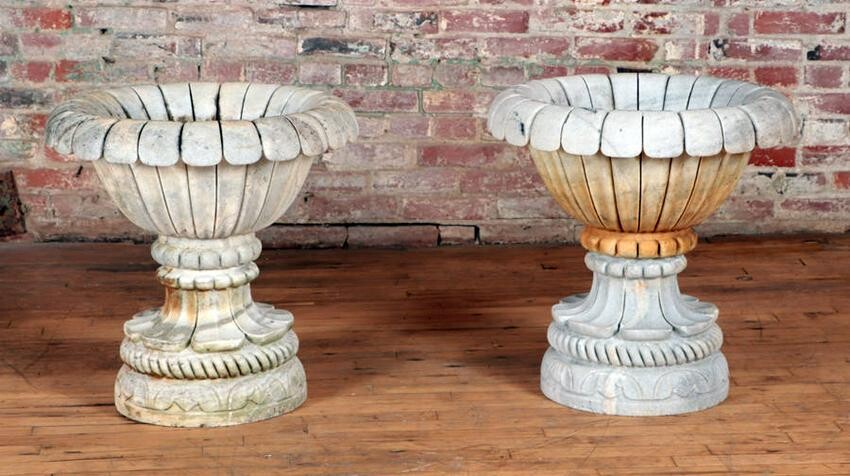 PAIR MELON FORM TWO PART CARVED MARBLE GARDEN URNS