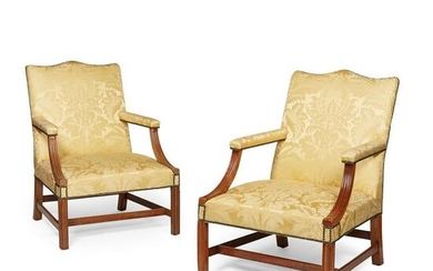 PAIR OF GEORGIAN STYLE MAHOGANY LIBRARY OPEN ARMCHAIRS