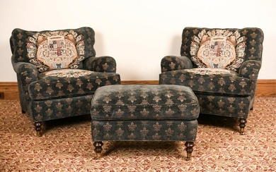 PAIR OF VINTAGE UPHOLSTERED CLUB CHAIRS & OTTOMAN