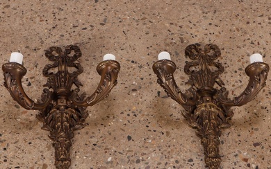 PAIR TWO ARM BRONZE SCONCES WITH ALABASTER SHADES C 1940.