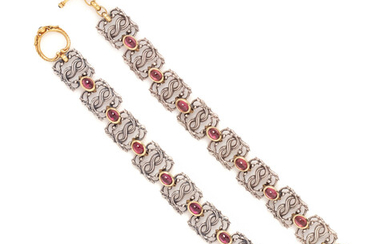 PAUL LANTUCH, PAIR OF STERLING SILVER, YELLOW GOLD AND GARNET BRACELETS