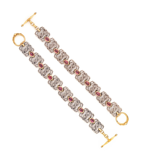 PAUL LANTUCH, PAIR OF STERLING SILVER, YELLOW GOLD AND GARNET BRACELETS