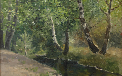 PER SUNDBERG. Forest interior with birches by streams, oil on panel, signed P Sundberg 1942.