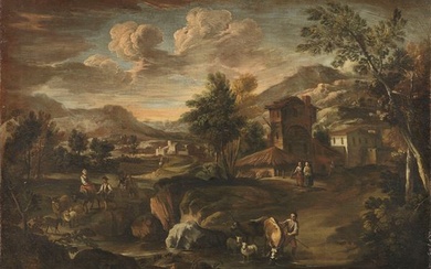 Scuola veneta del XVIII secolo, «Paesaggio fluviale con viaggiatori e gregge» e «Paesaggio fluviale con contadini e armenti»