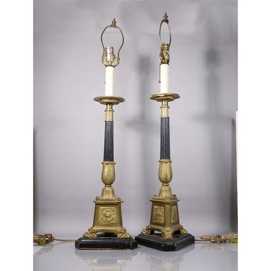 Pair 19th C. French Empire Candlestick Table Lamps Elec