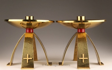 Pair MCM Hammered Brass Cross Candlesticks