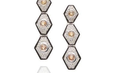 Pair Of White Gold, Brown Diamond, Diamond and Enamel Pendant Earrings