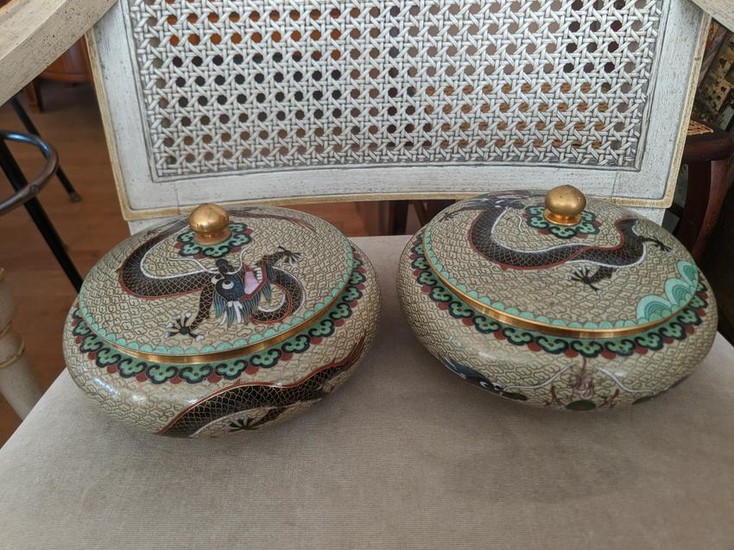 Pair Republic of China Cloisonné Covered Round Jars