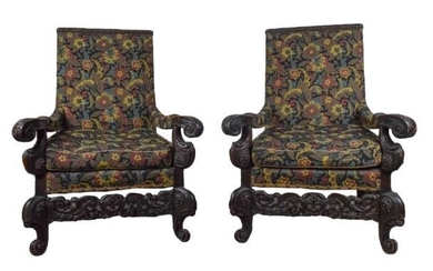 Pair of Baroque Carved Needlepoint Armchairs