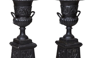 Pair of Cast Iron Campana Planters, 20th/21st c., Urns.- H.- 25 in., Dia.- 19 in., Plinth- H.- 17