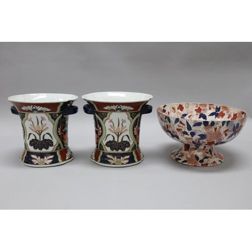 Pair of Chinese famille verte imari pattern twin handle vase...