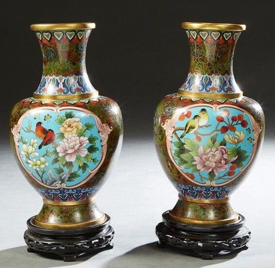 Pair of Elaborate Chinese Cloisonne Baluster Vases
