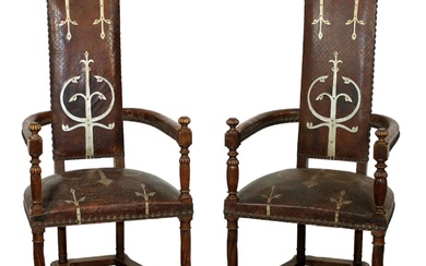 Pair of French high back throne chairs with tooled leather