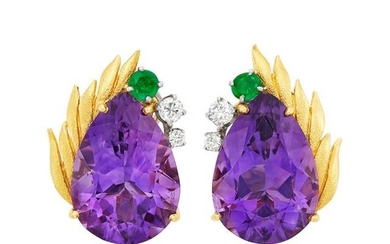 Pair of Gold, Amethyst, Emerald and Diamond Earclips