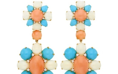 Pair of Gold, White and Angel Skin Coral, Turquoise and Diamond Pendant-Earclips