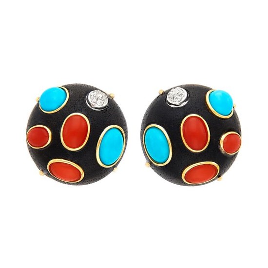 Pair of Gold, Wood, Coral, Turquoise and Diamond Bombé Button Earclips