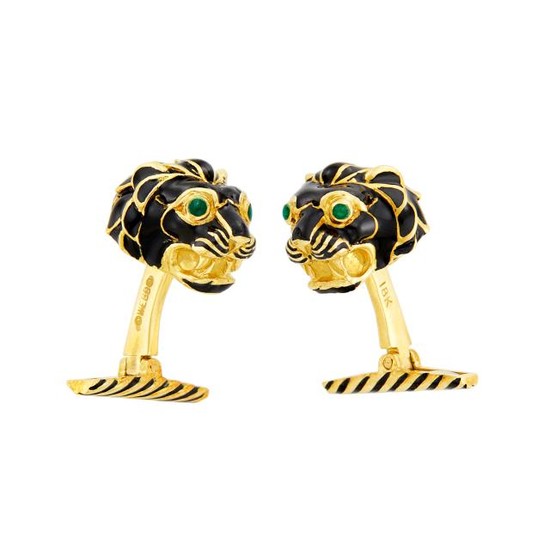 Pair of Gold and Black Enamel Lion's Head Cufflinks, David Webb