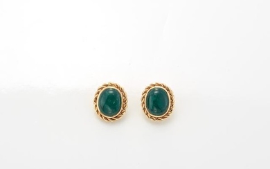 Pair of Gold and Cabochon Emerald Earrings
