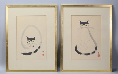 Pair of Japanese Ink Wash Paintings Cats