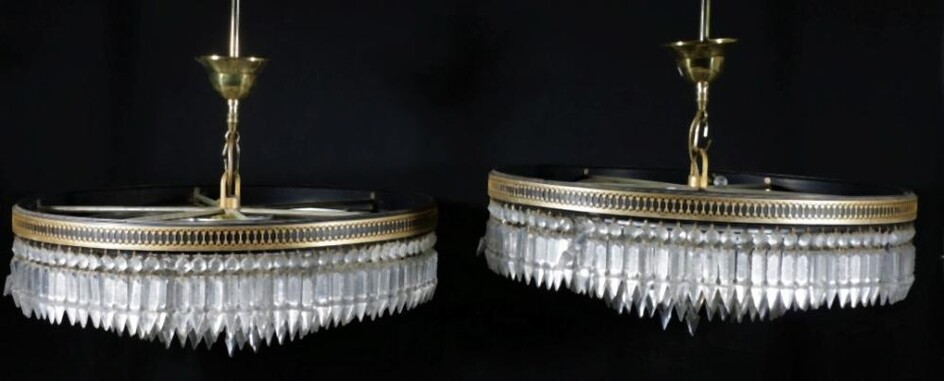 Pair of Large Crystal Drop Chandeliers with Six Light Sockets Dia:53cm