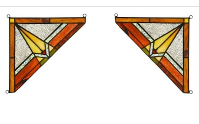 Pair of Misson Style Stained Art Glass Corner Panels