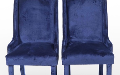 Pair of Modernist Blue Velvet Wingback Dining Chairs, Manner of Milo Baughman