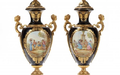 Pair of Monumental Cobalt Sevres Style Urns, Signed P. Pecchioli