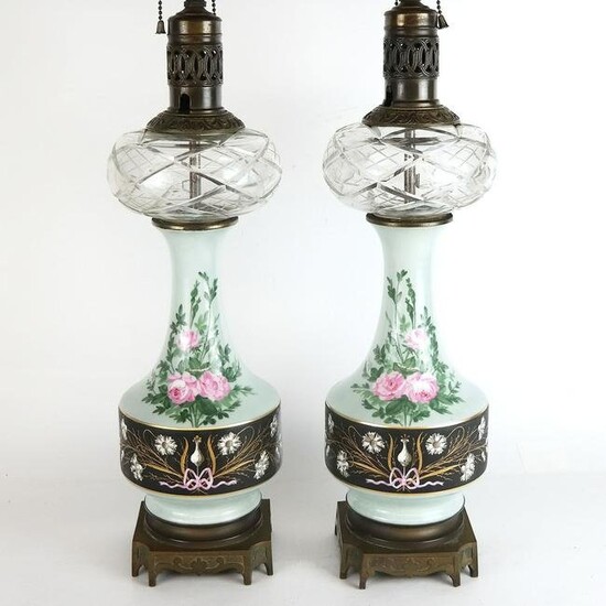 Pair of Paris Porcelain Decorated Oil Lamps