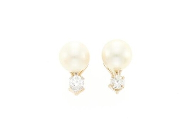 Pair of White Gold, Cultured Pearl and Diamond Earclips