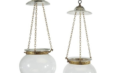 Pair of blown glass and brass hanging bell jar hall