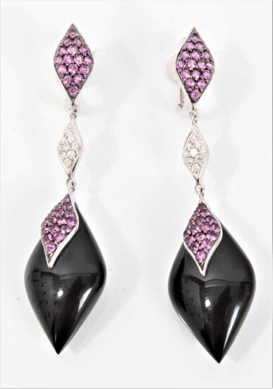 Pair of diamond, black onyx and pink sapphire pendant earrings