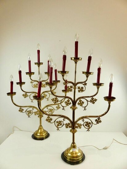 Pair of polished and gilded brass 7-burner altar candlesticks, mounted...