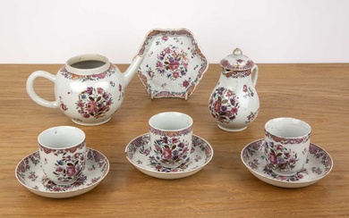 Part famille rose porcelain service Chinese, Qianlong comprising a teapot,...