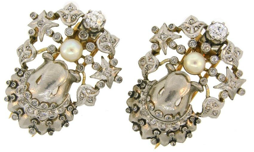 Pearl Diamond Platinum Gold Double CLIP Pin Brooch Pair