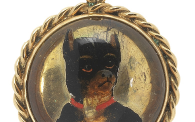 Pendentif serti d'un cristal de roche orné d'un portrait de chien peint